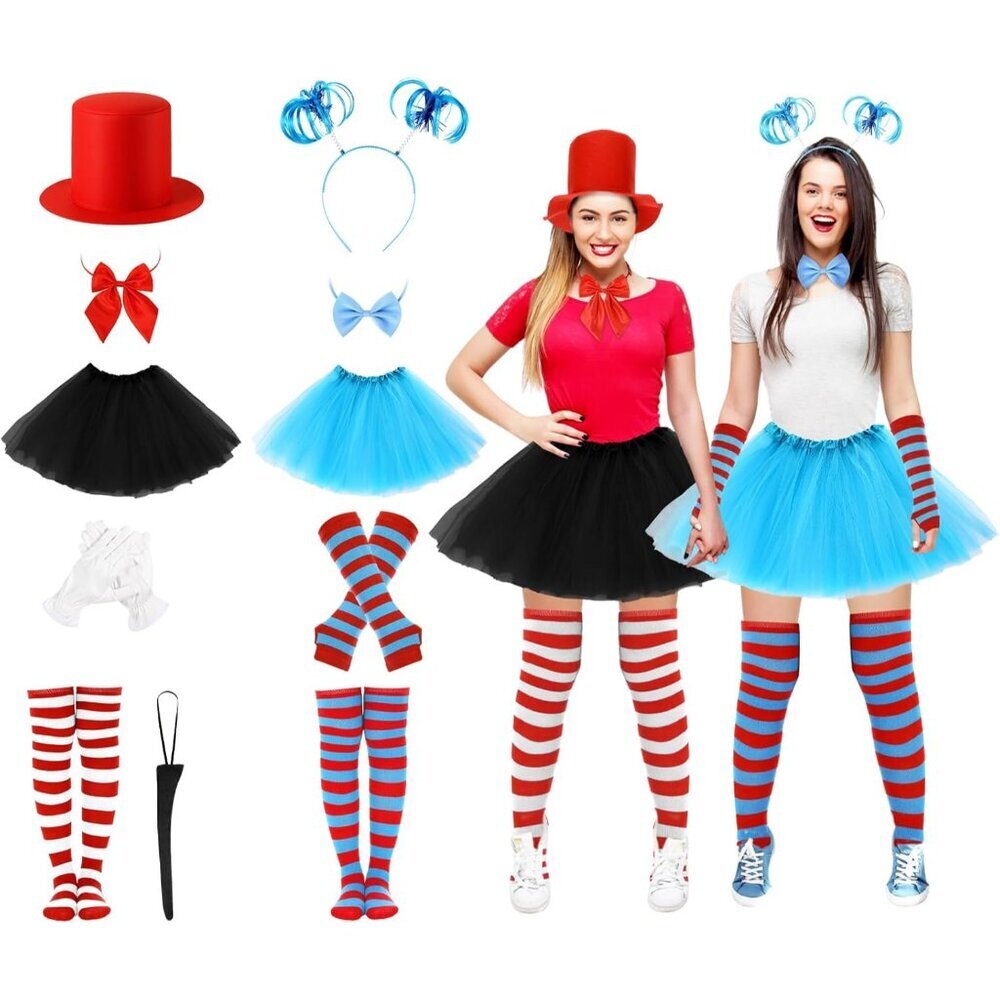 Halloween Tulle Tutu Costume Set Women Red Blue Striped Accessories